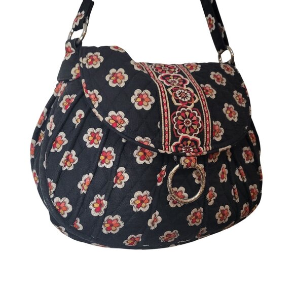Vera Bradley Black Floral Quilted Shoulder Bag With Adjustable Strap & Silver Ri - Picture 2 of 12